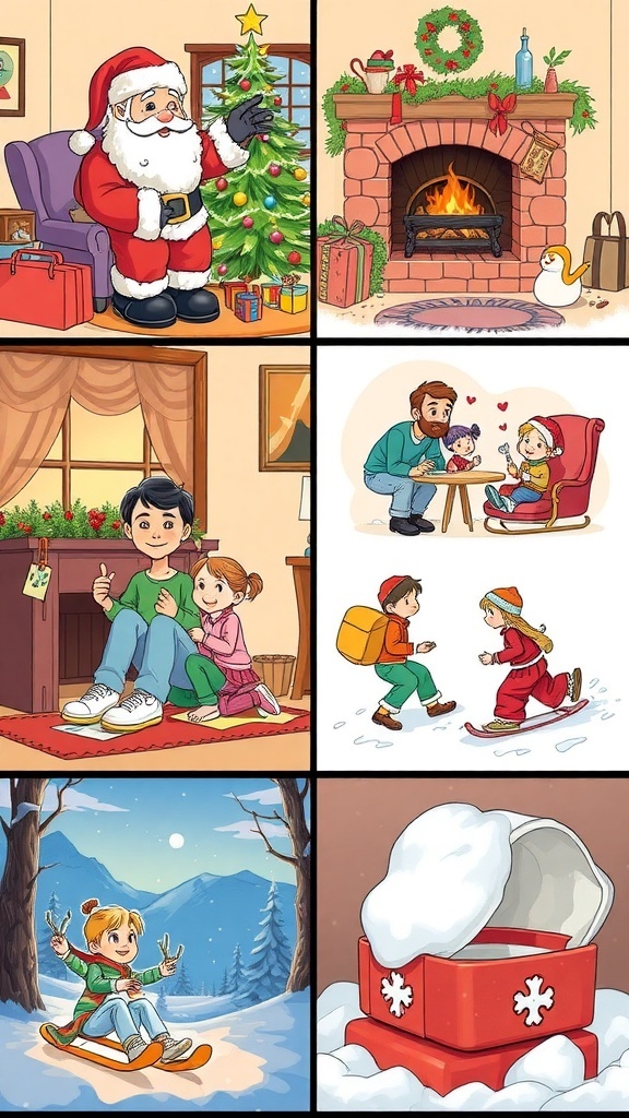 Various Christmas-themed drawing poses including Santa, children, and a family celebrating the holiday.